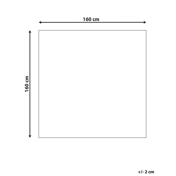Maßskizze für ein quadratisches Produkt mit den Maßen 160 Zentimeter mal 160 Zentimeter und einer Toleranz von plus oder minus 2 Zentimeter.