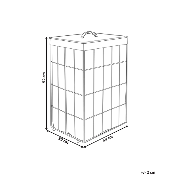 Wäschekorb aus weißem Metallgitter mit Textileinsatz in Beige, rechteckig.