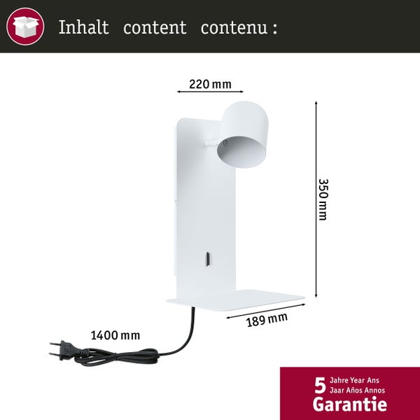 Weiße Wandleuchte mit Regal und den Maßen 220 mm Breite, 350 mm Höhe und 189 mm Tiefe, mit 1400 mm langem Kabel und fünf Jahren Garantie