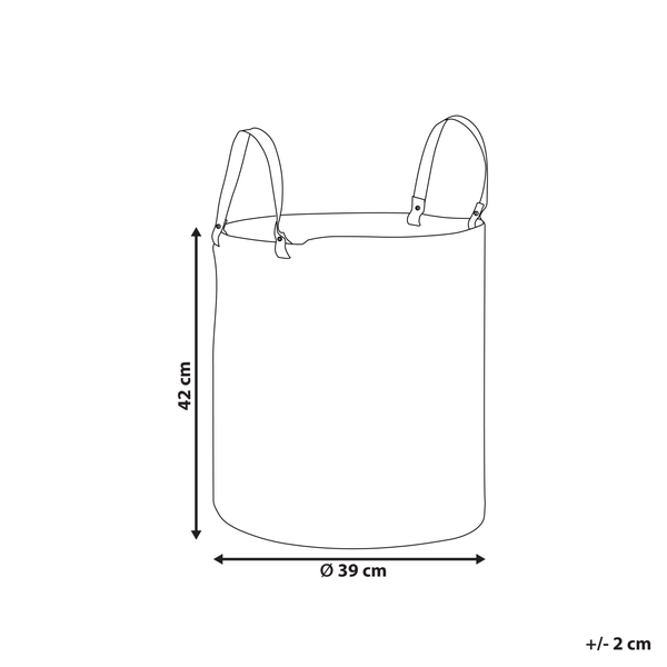 Abmessungen einer runden Aufbewahrungstasche mit Tragegriffen, 42 cm hoch und 39 cm Durchmesser