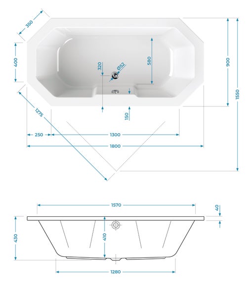 Calmwaters® Achteck Badewanne 180x90 cm, Acrylwanne Exclusive, Duo-Badewanne für zwei Personen, Maße 180 x 90 cm, 8-Eck-Badewanne, Achteckwanne, Duowanne in Weiß - 02SL3339