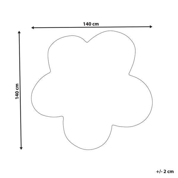 Maßzeichnung eines blumenförmigen Teppichs, 140 mal 140 Zentimeter, Toleranz plus minus 2 Zentimeter.