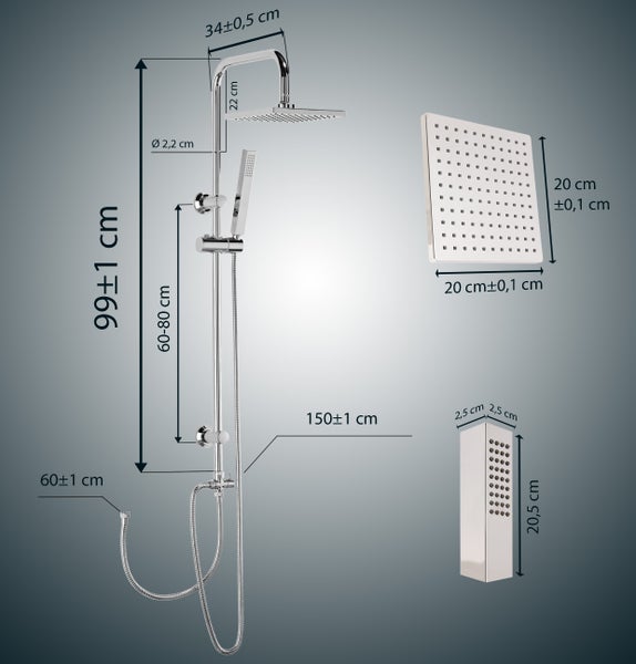 aquaSu® Duschsystem Proda mit Regendusche & Handbrause eckig | Stab-Handbrause & Kopfbrause | je 1 Strahlart | Anti-Kalk Regendusche | Duschgarnitur mit Wandstange und Gleiter | Chrom | 723299