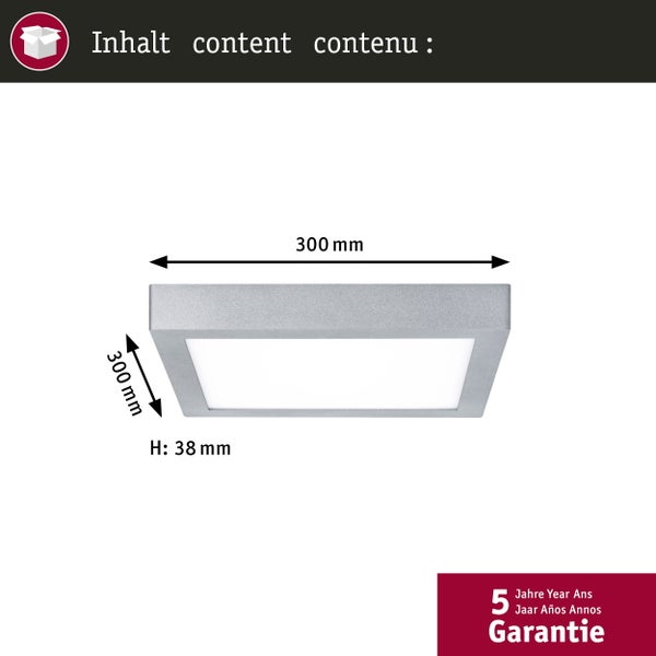 Abmessungen der Deckenleuchte: 300 mal 300 Millimeter, Höhe 38 Millimeter, fünf Jahre Garantie
