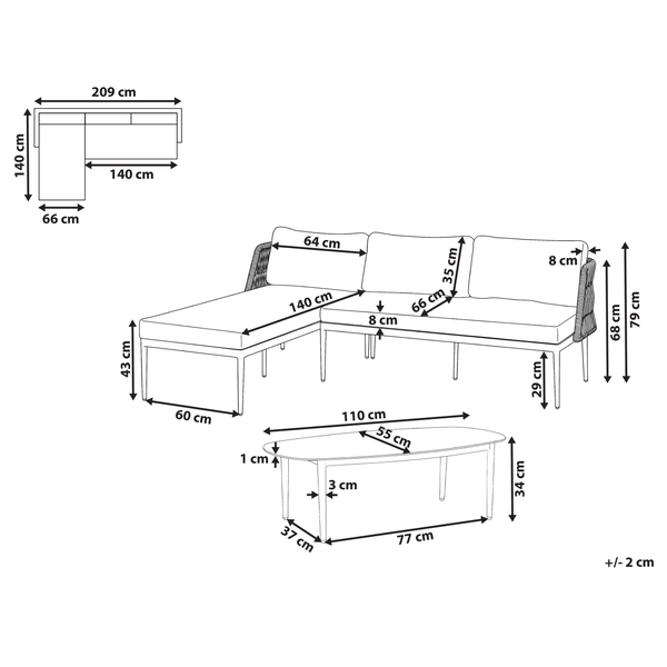 Abmessungen eines Garten Lounge Sets mit Tisch