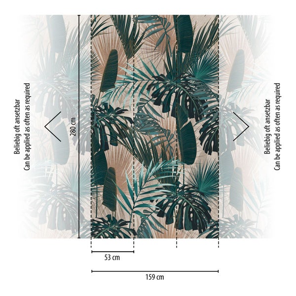 Tapete mit Pflanzenmotiven, wiederholt ansetzbar, Abmessungen 159 cm breit und 280 cm hoch
