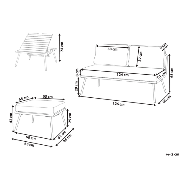 Maßzeichnung eines Garten-Lounge-Sets mit Zweisitzer-Sofa, Hocker und verstellbarem Tisch inklusive detaillierter Maßangaben in Zentimetern.