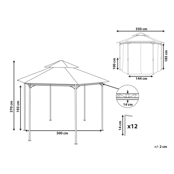 Technische Zeichnung eines sechseckigen Pavillons mit Maßen: Breite 300 Zentimeter, Höhe 270 Zentimeter und Durchgangshöhe 193 Zentimeter.