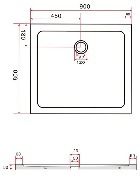 Technische Zeichnung einer Duschwanne mit Maßangaben.