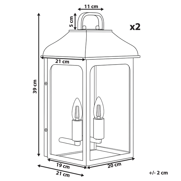 Maßzeichnung einer Außenwandleuchte in Laternenform mit zwei Leuchtmitteln. Höhe 39 Zentimeter, Breite 21 Zentimeter, Tiefe 20 Zentimeter.
