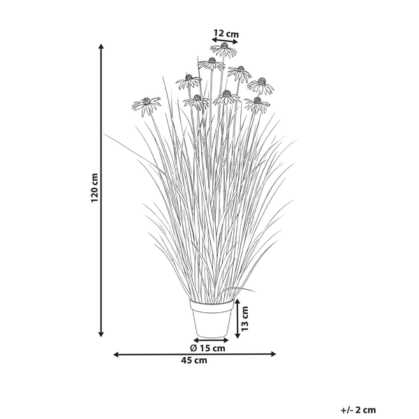 Strichzeichnung einer künstlichen Echinacea-Pflanze im Topf mit Maßen: Höhe 120 Zentimeter, Breite 45 Zentimeter, Topfdurchmesser 15 Zentimeter.