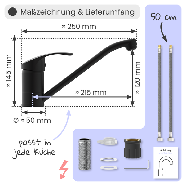 Masszeichnung und Lieferumfang einer Küchenarmatur mit den Massangaben