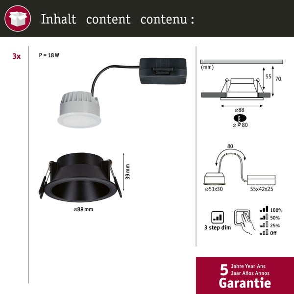 Abbildung des Produktinhalts und der technischen Daten der Einbaustrahler