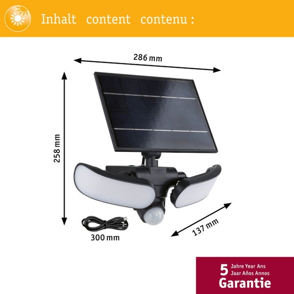 Solar LED Wandfluter Sonlig Dämmerungsgesteuerter Bewegungsmelder (IR) IP65 eckig 286x137mm 3000K 2x9W 2x1100lm 3,7V Anthrazit Kunststoff