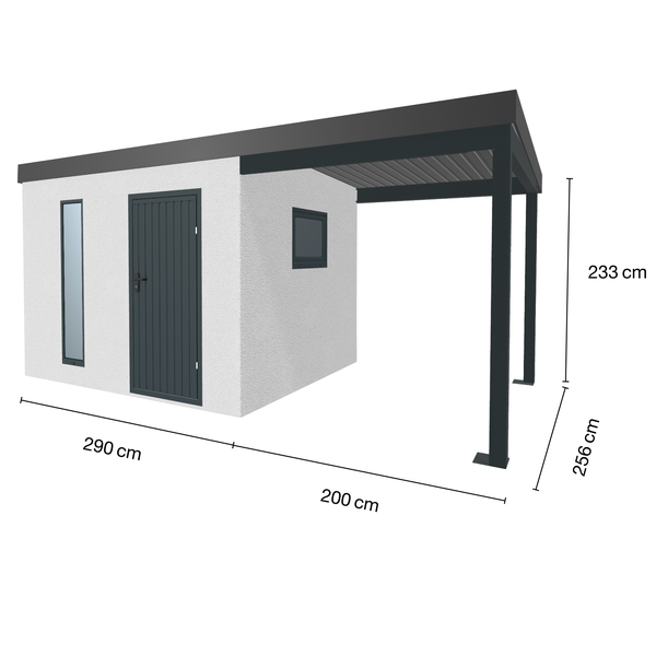 Ansicht eines Gartenhauses mit Carport und Maßangaben