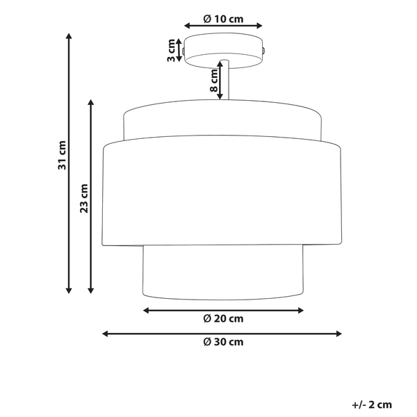 Technische Zeichnung einer Deckenleuchte mit Maßen: Gesamthöhe 31 Zentimeter, Schirmhöhe 23 Zentimeter, maximaler Durchmesser 30 Zentimeter.