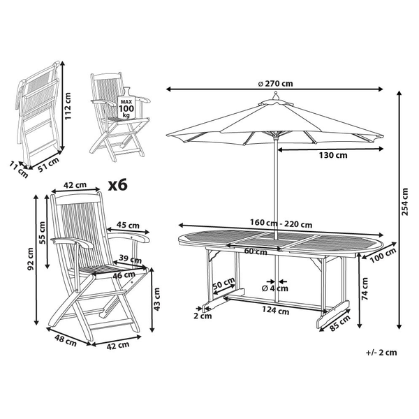 Gartenmöbel Set 6-Sitzer MAUI II mit Schirm (12 Optionen) Akazienholz Hellbraun