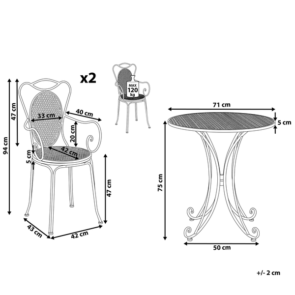 Abmessungen Gartentisch und Gartenstühle im Set