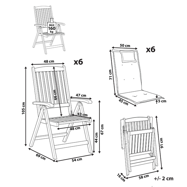 Maßzeichnung für 6 Gartenstühle mit Polstern. Belastbarkeit 160 Kilogramm. Stuhl 105x54x69 Zentimeter. Sitz 44 Zentimeter. Klappmaß 91x58x16 Zentimeter.