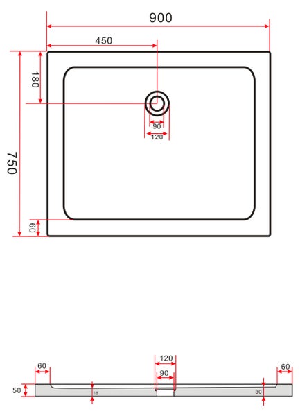 Technische Zeichnung einer Duschwanne mit Maßangaben