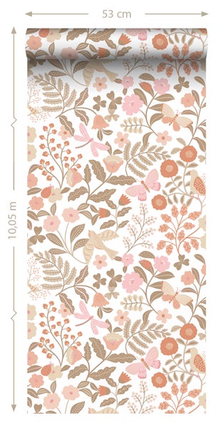 ESTAhome Tapete Blumen und Vögel Terrakotta, Taupe und Rosa - 53 cm x 10.05 m - 131391