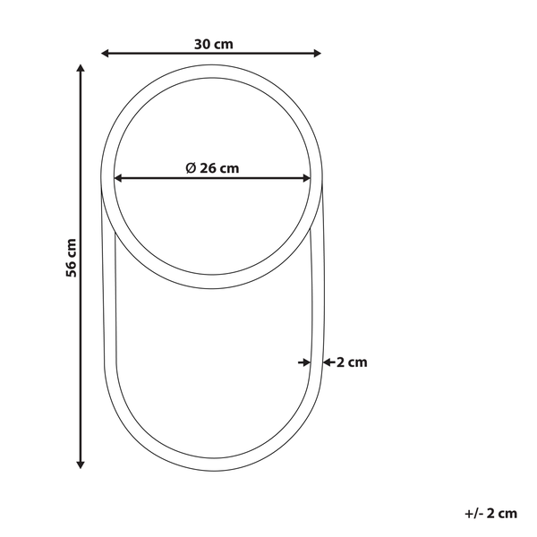 Technische Zeichnung eines Spiegels mit den Maßen 56 mal 30 Zentimeter und einem Durchmesser von 26 Zentimeter