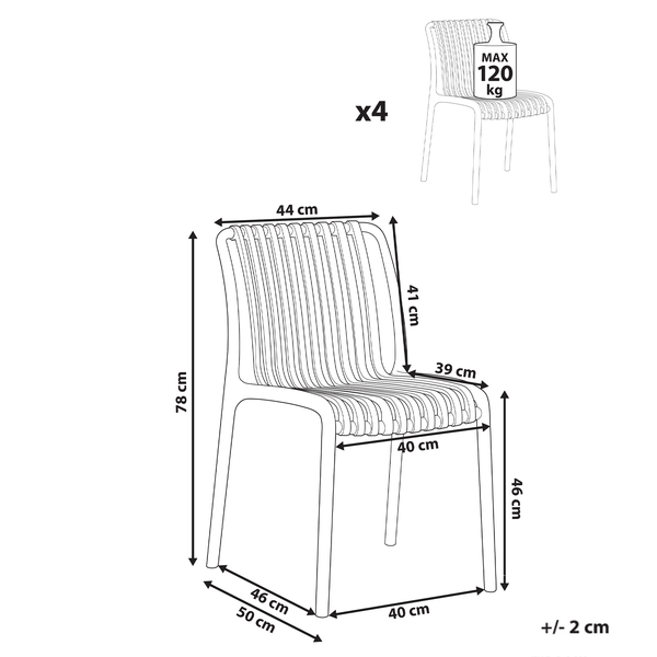 Abmessungen eines Stuhls im 4er Set mit einer maximalen Belastbarkeit von 120 Kilogramm