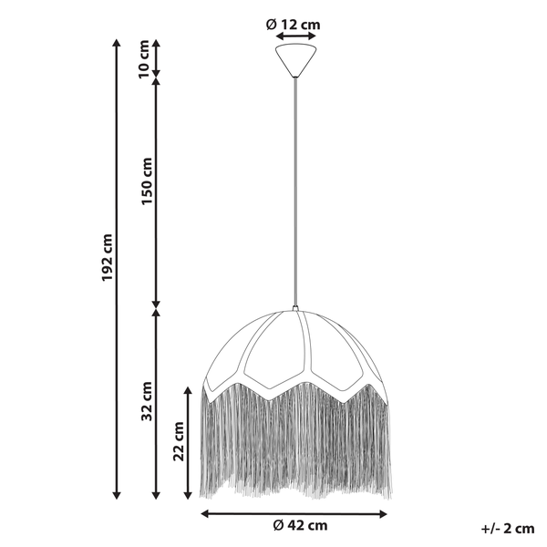 Abmessungen einer Hängeleuchte mit einem Durchmesser von 42 Zentimetern und einer Höhe von 22 Zentimetern