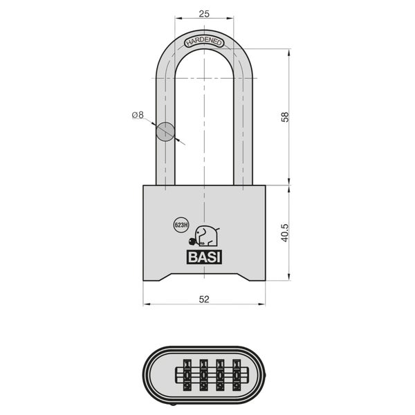 BASI Vorhangschloss VHS 623H Hoher Bügel Messing beidseitige Verriegelung gehärteter Stahlbügel 4-stellige einstellbare Zahlenkombination Bügel 58x8 mm inkl. Kodierungsschlüssel