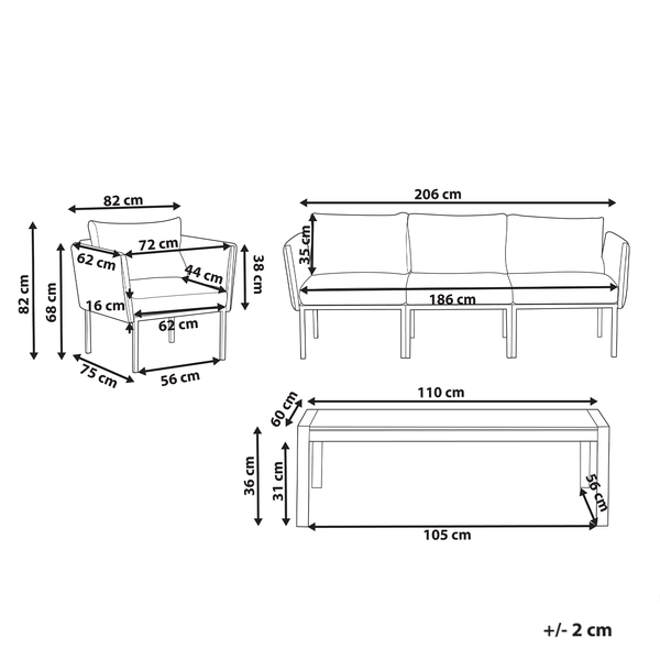 Abmessungen Sofa, Sessel und Tisch