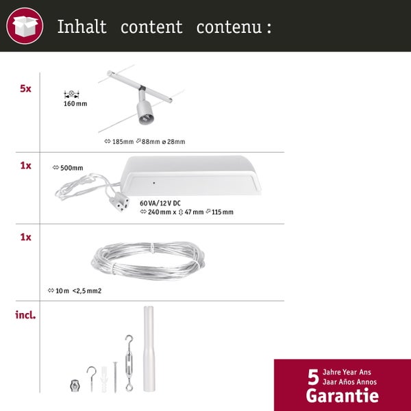 CorDuo Seilsystem Salt Basisset GU5,3 max. 5x10W 230/12V Chrom matt