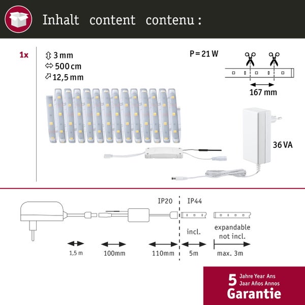 Informationen zum LED-Streifen: 3 mm, 500 cm, 12,5 mm, Leistung 21 Watt, Schutzart IP20 und IP44 sowie 5 Jahre Garantie