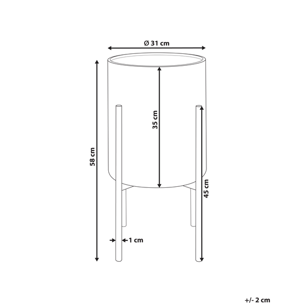 Dimensionsdiagramm eines Pflanzgefäßes mit einem Durchmesser von 31 cm und einer Höhe von 58 cm.