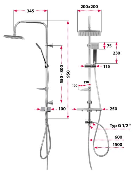 aquaSu® Basic Duschsystem 914 | Ø 7,5 cm Handbrause mit Regenstrahl | Ø 20 x 20 cm Kopfbrause | Anti-Kalk | Wassersparend | 95 cm Duschstange | Metall-Brauseschläuche Typ 1/2  | Chrom | 727914