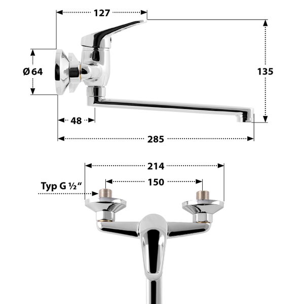 aquaSu® Küchenarmatur Alaska, Wasserhahn Küche, Spültischarmatur zur Aufputz-Wandmontage, langer Auslauf schwenkbar, Einhebelmischer für Spüle mit Messingkern und Wasserspar-Mischdüse, chrom, 796095