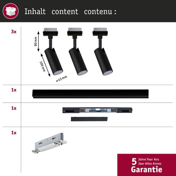 URail Schienenspot Tubo Starterset 3x166lm 3x4,5W 3000K 230V Schwarz matt