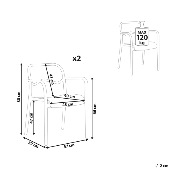 Technische Zeichnung von zwei Stühlen mit Maßangaben und maximaler Belastbarkeit.