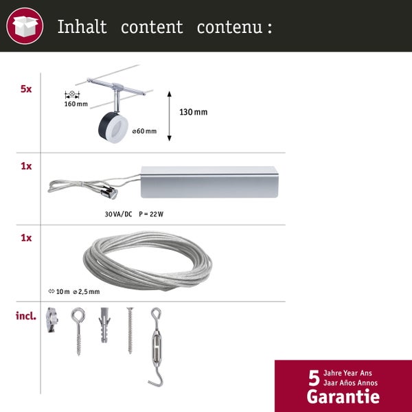 CorDuo LED Seilsystem ClearLED Basisset 5x150lm 5x4W 2700K 230/12V Schwarz, Chrom