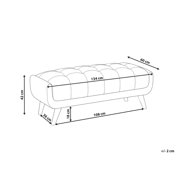 Gepolsterte Sitzbank mit Maßen: Breite 134 Zentimeter, Tiefe 60 Zentimeter, Höhe 42 Zentimeter. Abweichung plus minus 2 Zentimeter.