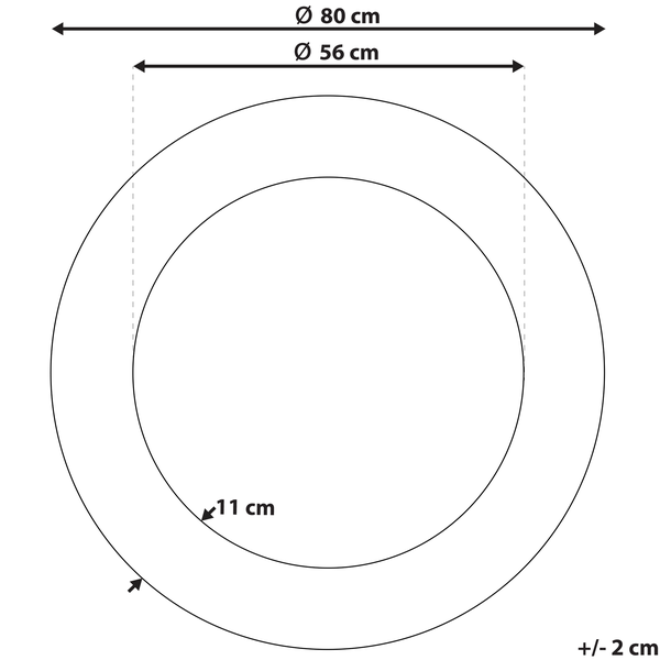 Abmessungen eines runden Produkts: Außendurchmesser 80 cm, Innendurchmesser 56 cm, Dicke 11 cm, Toleranz plus/minus 2 cm