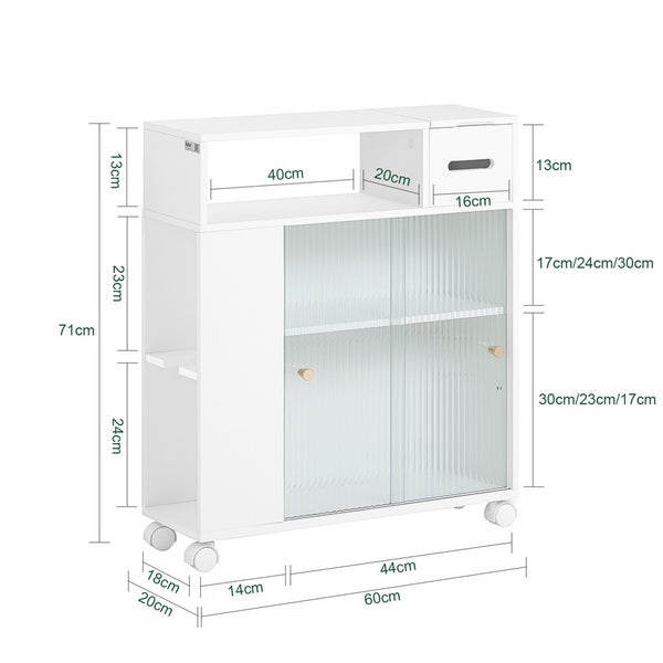 Abmessungen eines weißen Aufbewahrungsschranks mit Schubladen und Schiebetüren