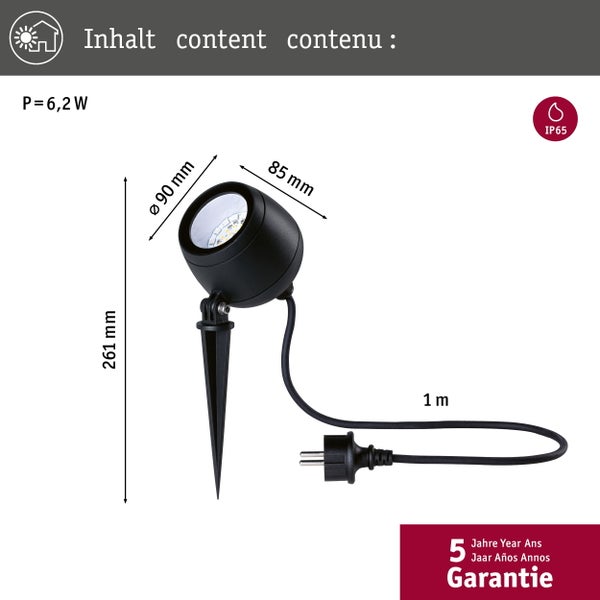 Abmessungen einer Gartenleuchte mit Erdspieß und IP65 Schutzart