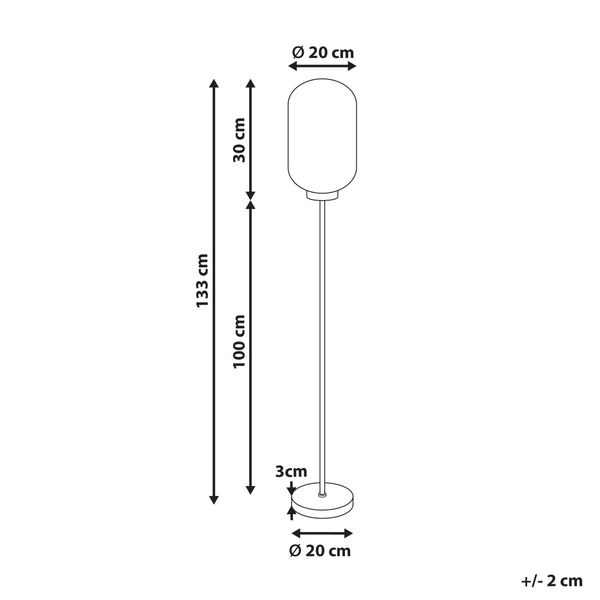 Abmessungen einer Stehlampe: 133 cm Höhe, 20 cm Durchmesser Lampenschirm, 30 cm Länge Lampenschirm und 20 cm Durchmesser Lampenfuß.