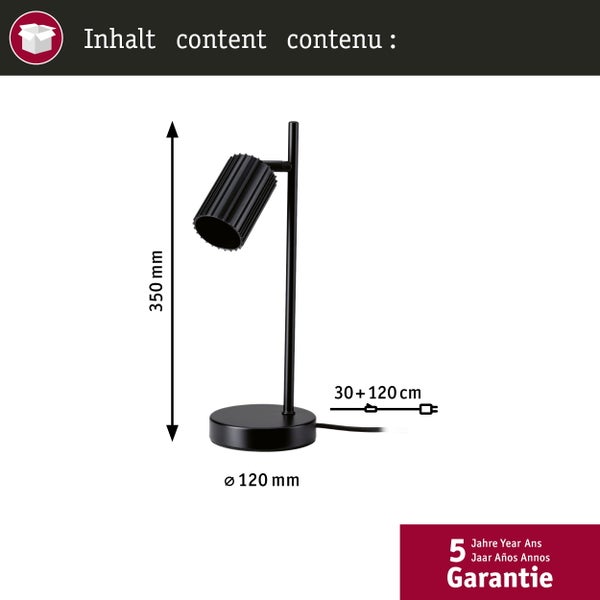 Schwarze Schreibtischlampe mit einer Höhe von 350 mm und einem Durchmesser von 120 mm.