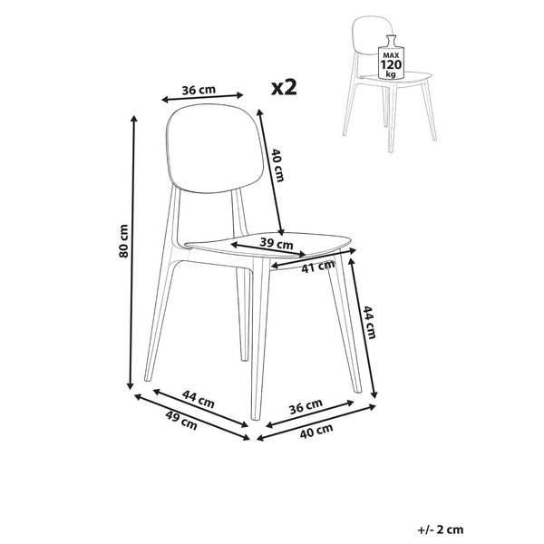 Abmessungen Stuhl, maximale Belastbarkeit 120 Kilogramm, Lieferung als 2er-Set