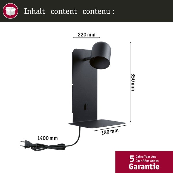Schwarze Wandleuchte mit Ablage und den Maßen 220 mm, 350 mm und 189 mm. Die Kabellänge beträgt 1400 mm. 5 Jahre Garantie.
