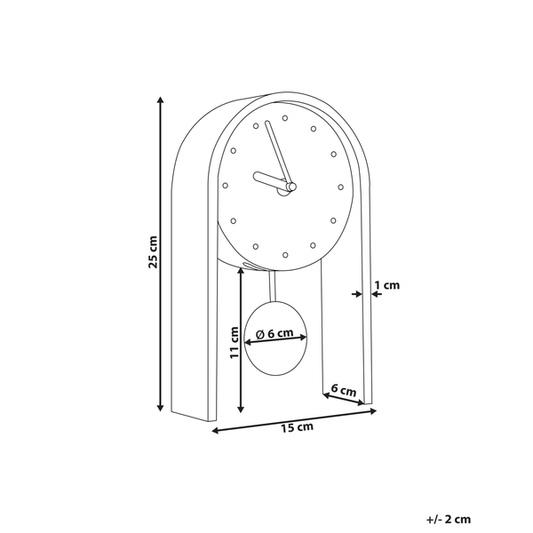 Abbildung mit Maßangaben einer Tischuhr mit Pendel