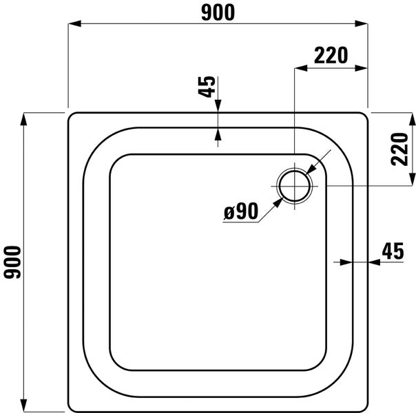 Technische Zeichnung einer quadratischen Duschwanne mit den Maßen 900 mal 900 Millimeter, einem Rand von 45 Millimeter und einem Ablauf von 90 Millimeter.