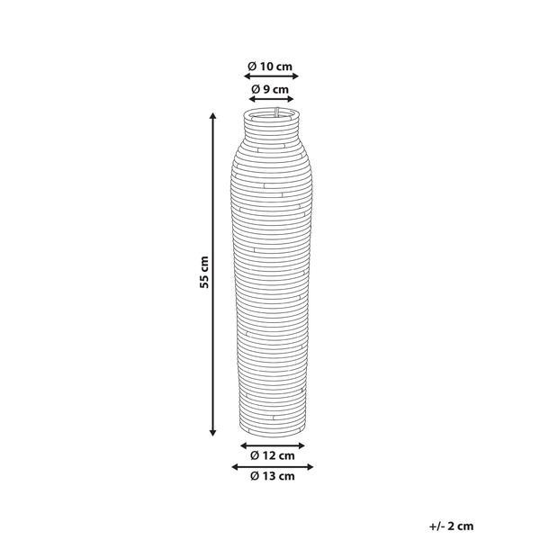Maße der hohen Bodenvase: Höhe 55 Zentimeter, Durchmesser oben 9 bis 10 Zentimeter, unten 12 bis 13 Zentimeter. Abweichung plus minus 2 Zentimeter.
