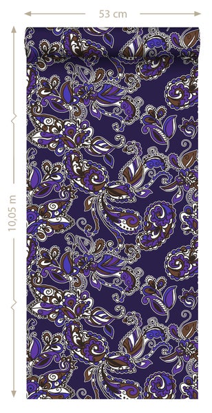 ESTAhome Tapete funky Blumen und Paisleys Lila und Braun - 53 cm x 10.05 m - 136843